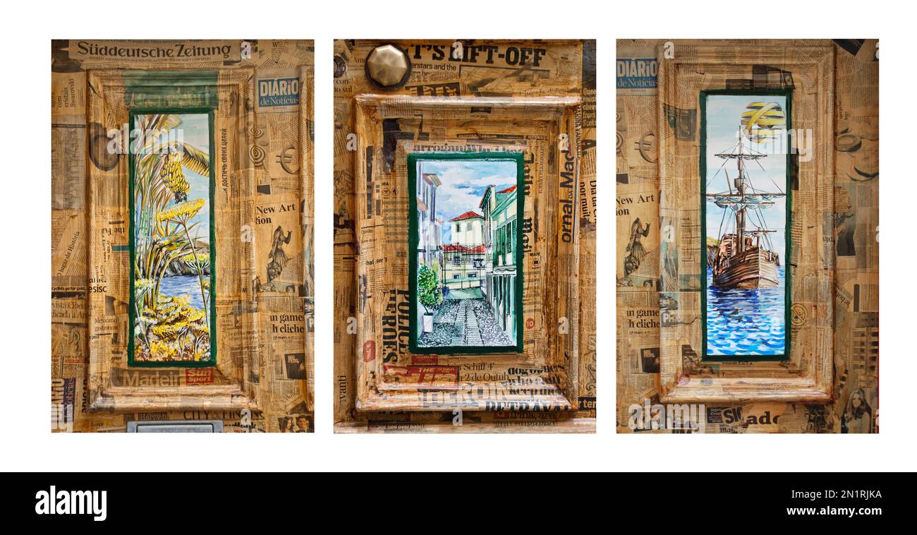 The painted doors of Rua de Santa Maria brighten up one of Funchal's oldest streets.Here the door panels have individual paintings. Stock Photo