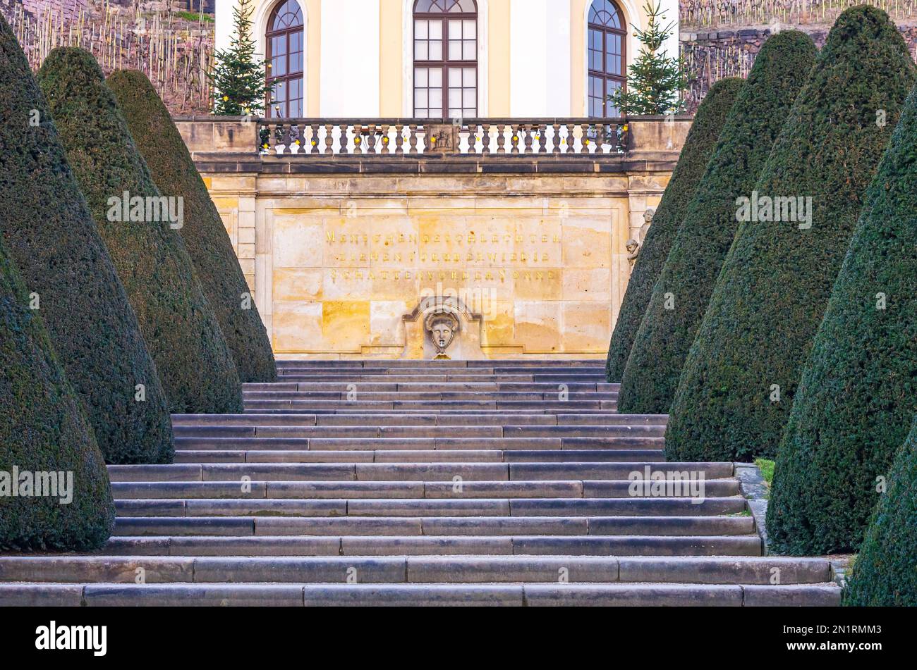 So called Muschelbrunnen with motto, Belvedere in the garden of Wackerbarth Manor, seat of the Saxon State Winery in Radebeul, Saxony, Germany. Stock Photo