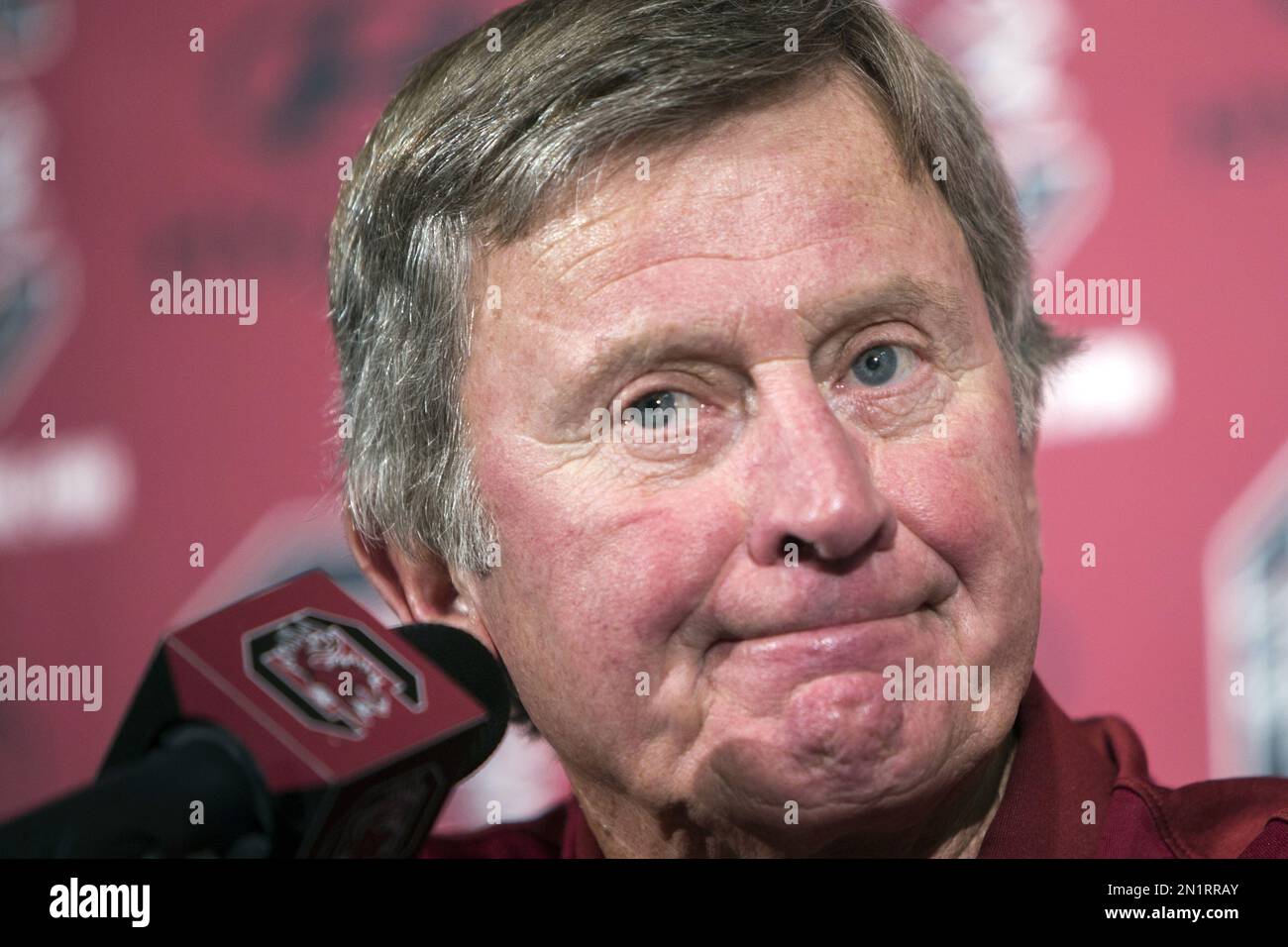 South Carolina head coach Steve Spurrier takes questions from reporters during NCAA college football media day in Columbia, S.C., Sunday, Aug. 9, 2015. (AP Photo/Stephen B. Morton) Stock Photo
