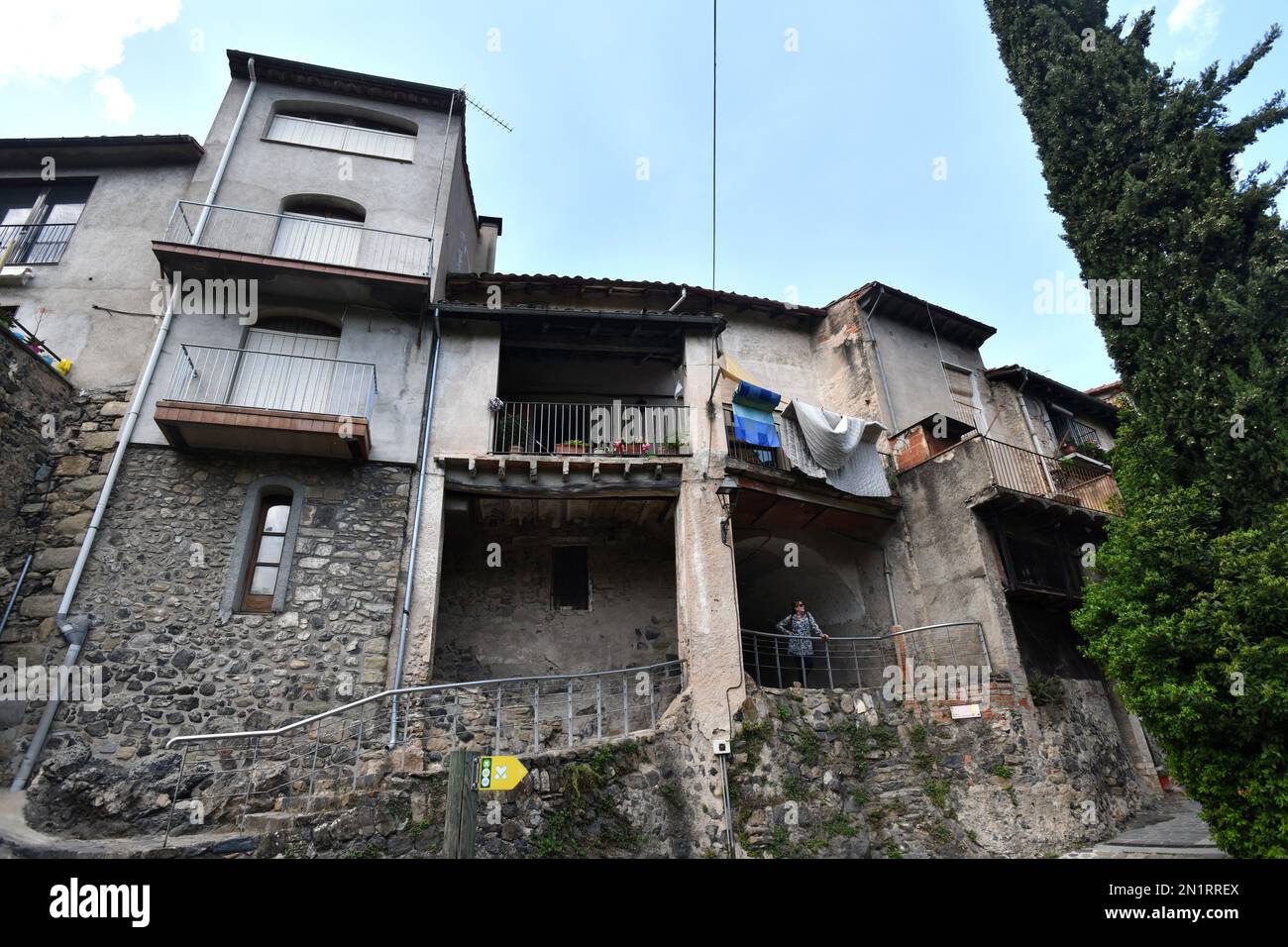 Old houses built into the rock at Castellfollit de la Roca in Spain