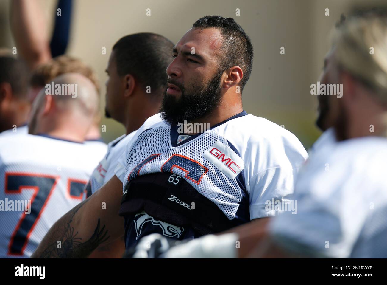 Denver Broncos tackle Louis Vasquez 65 drills at the team s NFL football training camp Friday Aug. 7 2015 in Englewood Colo. AP Photo David Zalubowski Stock Photo Alamy