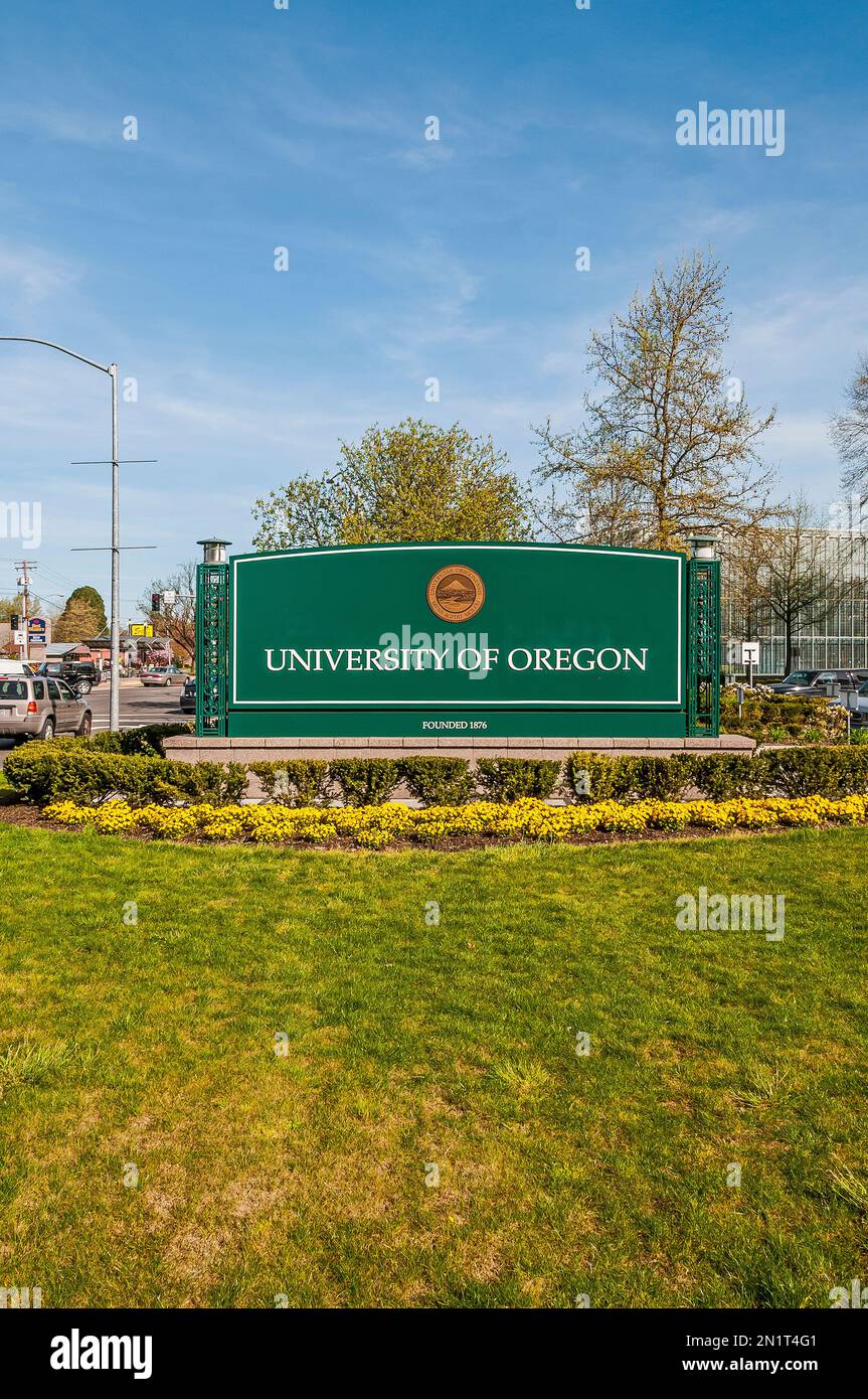 The University of Oregon marquee sign at Riverfront Parkway and Agate Street in Eugene, Oregon