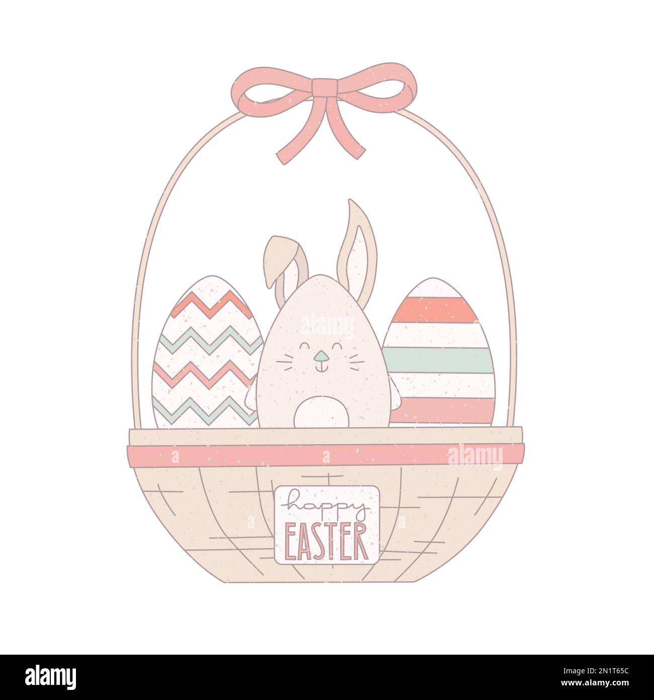 Cute grunge easter basket with bunny, eggs. Vector illustration for greeting, banner, card. Stock Vector