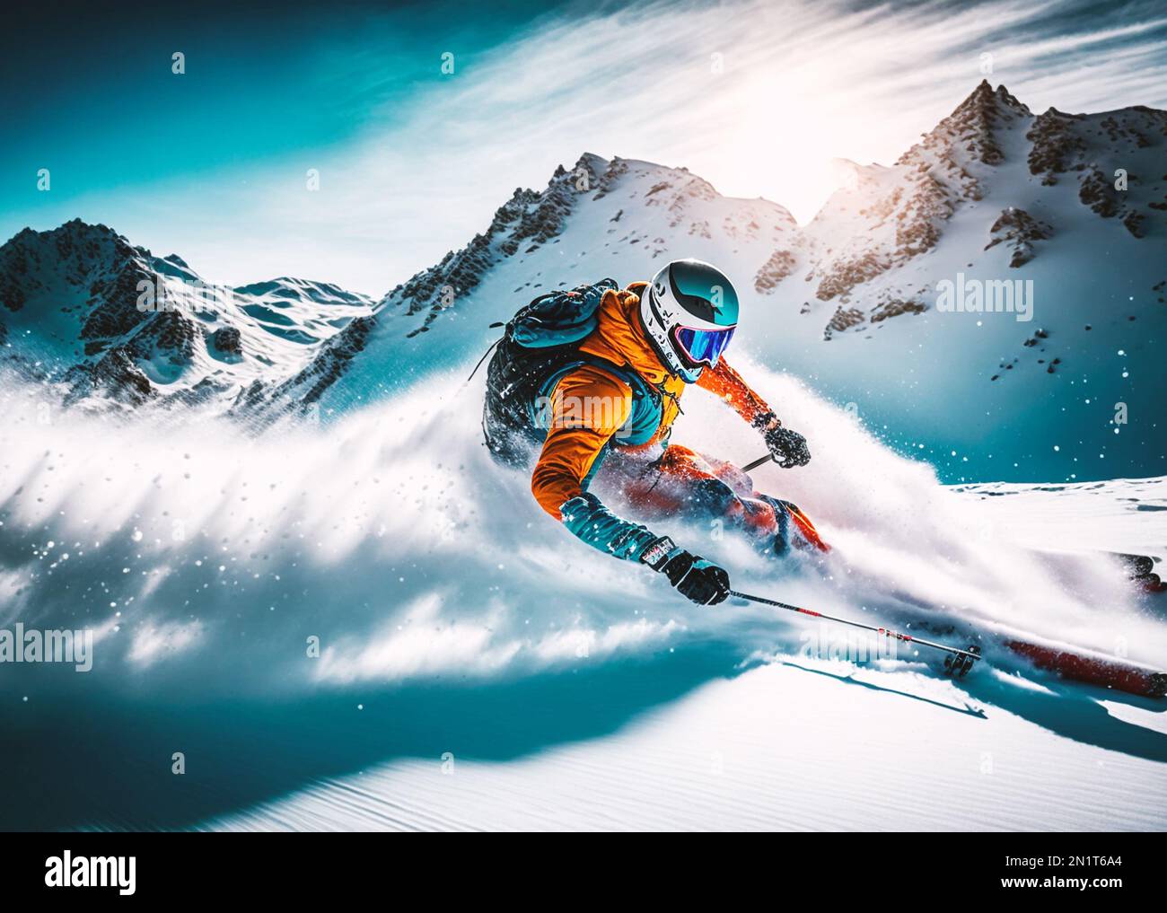 A mountain skier descends a snow-covered slope Stock Photo - Alamy