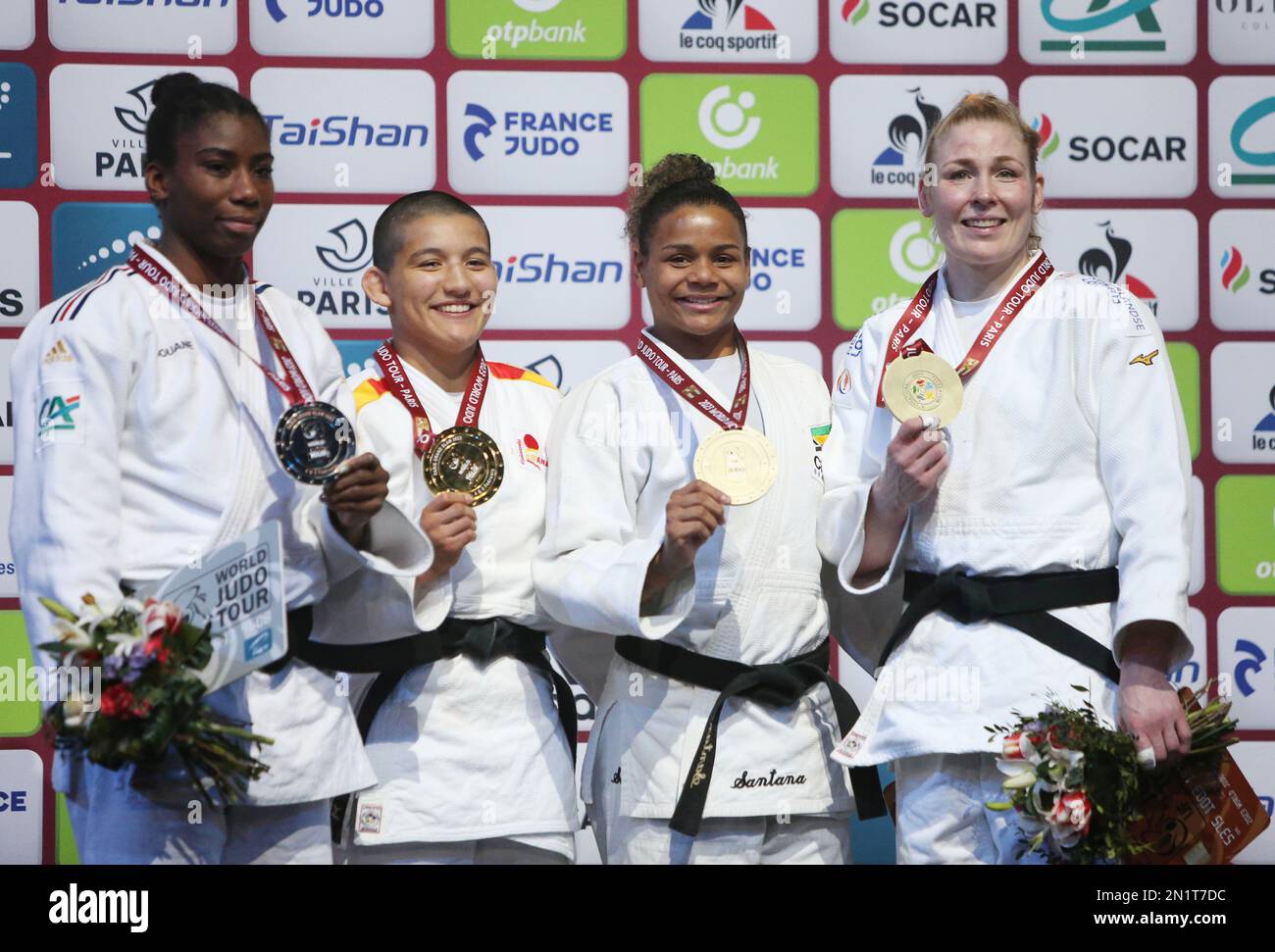 Marie-Eve Gahie of France Silver medal, Ai Tsunoda Roustant of Spain Gold medal, Ellen Froner of Brazil and Kim Polling of Netherlands Bronze medal, Women's -70Kg during the Judo Paris Grand Slam 2023 on February 5, 2023 at Accor Arena in Paris, France - Photo: Laurent Lairys/DPPI/LiveMedia Stock Photo