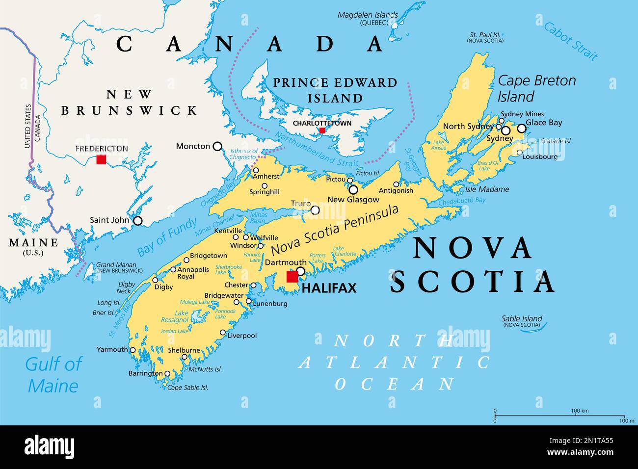 Nova Scotia, Maritime and Atlantic province of Canada, political map. Cape Breton Island and Nova Scotia Peninsula, with capital Halifax. Stock Photo