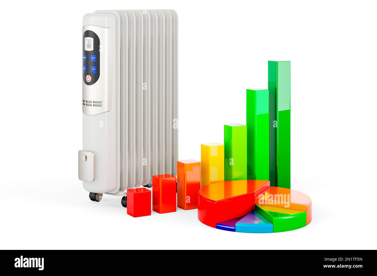 Electric oil heater with growth bar graph and pie chart. 3D rendering