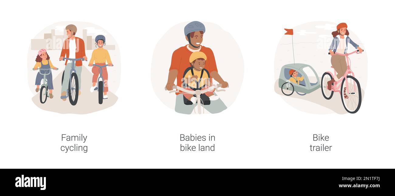 Family cycling isolated cartoon vector illustration set. Happy parents