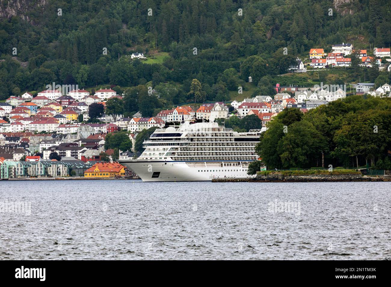 Cruise ship Viking Jupiter at Byfjorden,  departing from Skoltegrunnskaien quay port of Bergen, Norway. Stock Photo