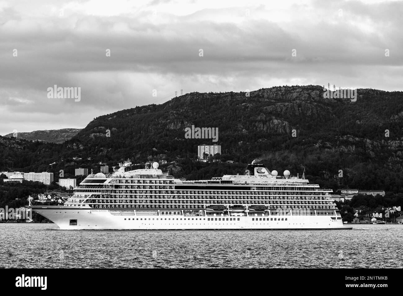 Cruise ship Viking Jupiter at Byfjorden,  departing from port of Bergen, Norway. Stock Photo