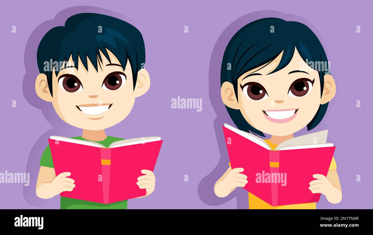 Young Asian boy and girl holding a Book. Cute elementary children with ...