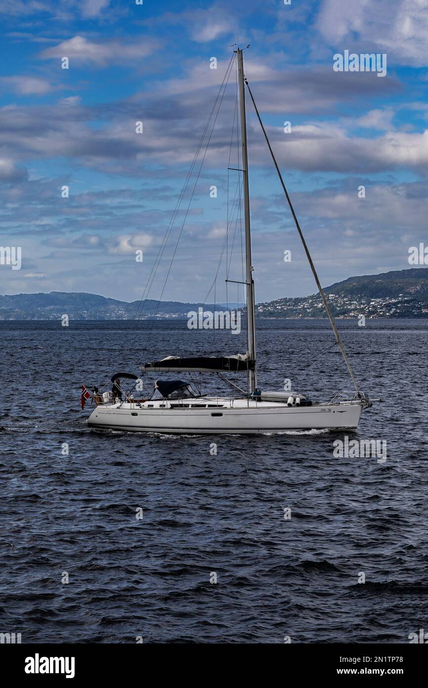 Sailboat Lille My in Byfjorden, outside port of Bergen, Norway. Stock Photo