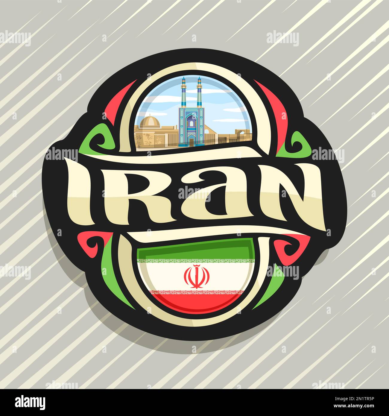 Vector logo for Iran country, fridge magnet with iranian state flag, original brush typeface for word iran and national iranian symbol - famous blue J Stock Vector