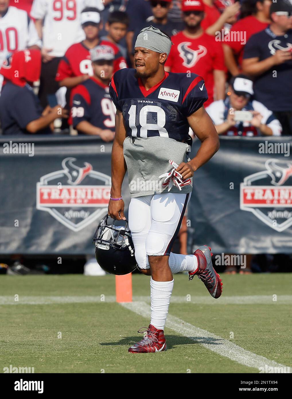 Houston Texans wide receiver Cecil Shorts (18) takes the field during an  NFL football training camp at the Methodist Training Center on Monday  August 3, 2015 in Houston. (AP Photo/Bob Levey Stock