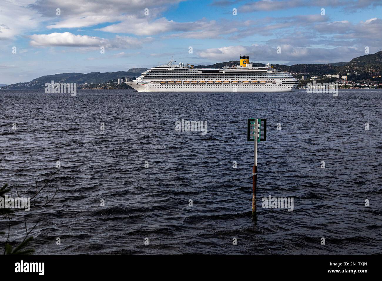 Cruise ship Costa Fascinosa at Byfjorden,  departing from port of Bergen, Norway. Stock Photo