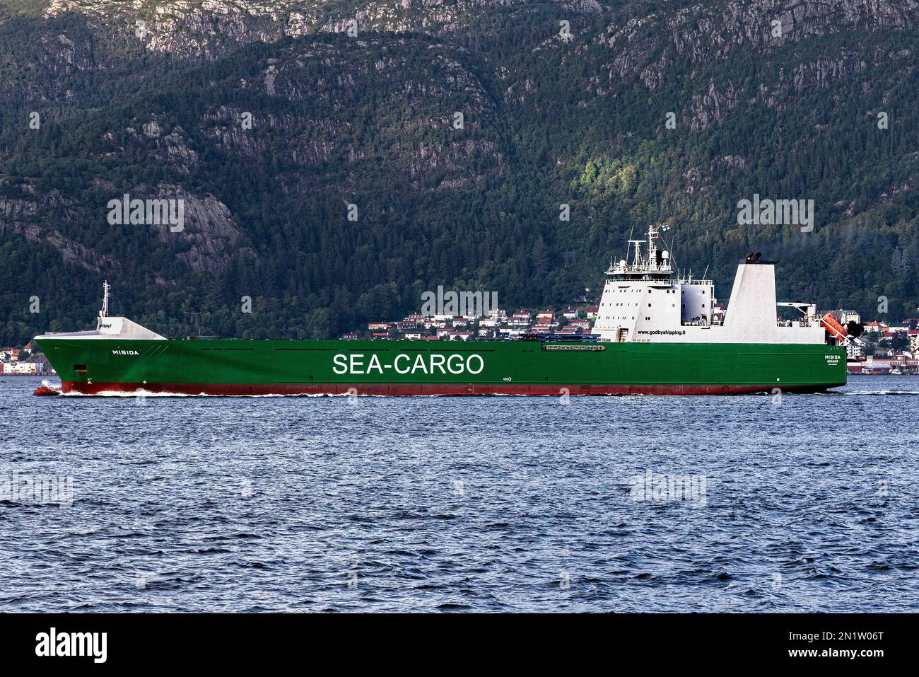 Multipurpose ro-ro vessel Misida at Byfjorden, departing from the port of Bergen, Norway. Stock Photo