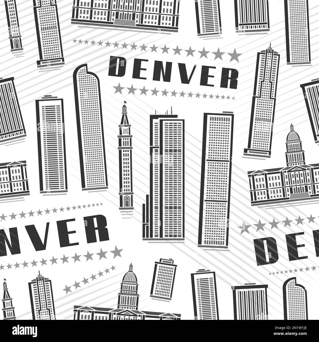 Vector Denver Seamless Pattern, square repeat background with illustration of famous denver city scape on white background for wrapping paper, monochr Stock Vector