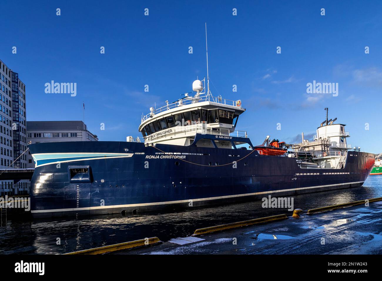 Wellboat Ronja Christopher at quay, in the port of Bergen, Norway. Stock Photo
