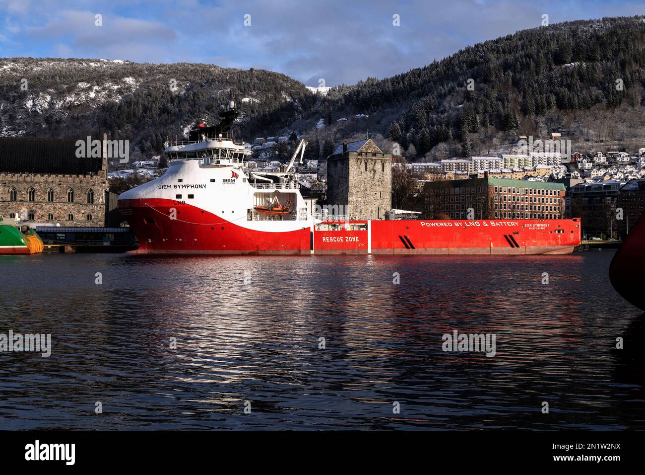 PSV offshore platform supply vessel Siem Symphony, berthed at Festningskaien in port of Bergen, Norway. Stock Photo