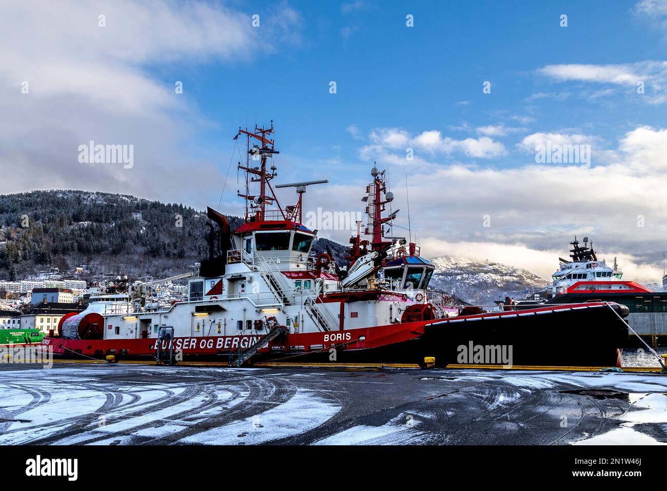 Tug boats Boris and BB Supporter alongside in the port of Bergen, Norway. Stock Photo