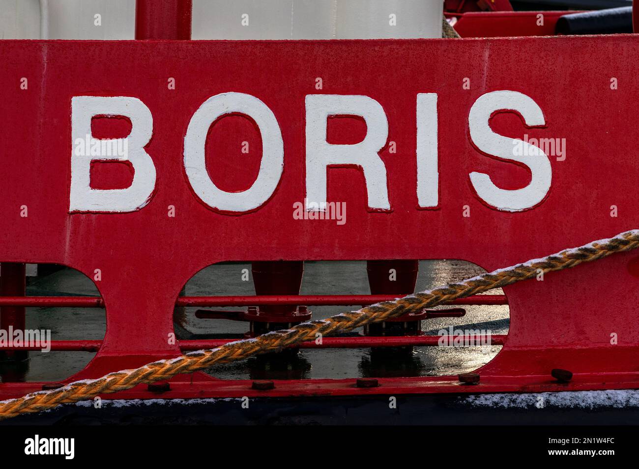 Vessel name and hull details of tug boat Boris moored in the port of Bergen, Norway. Stock Photo