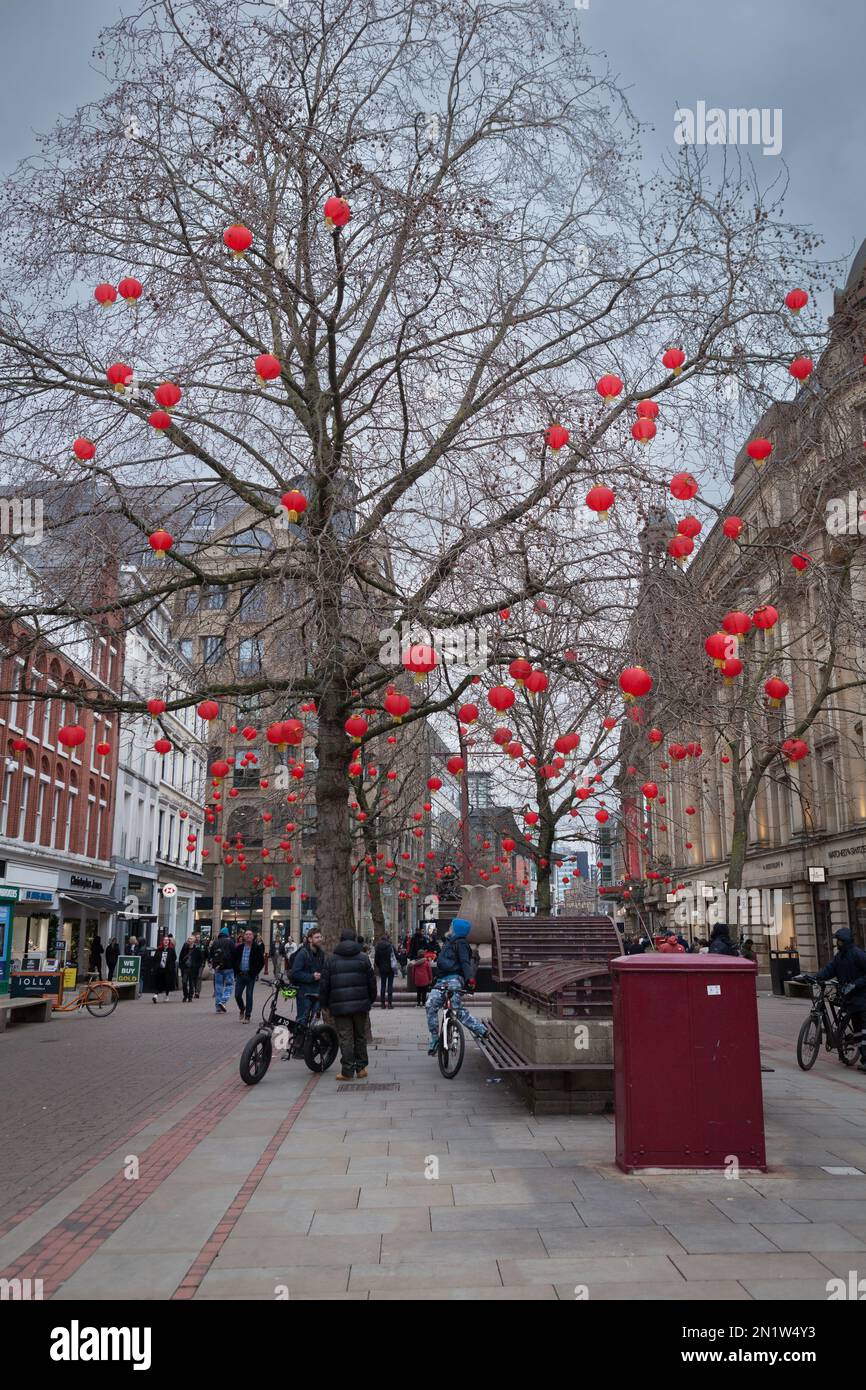 Red Chinese lanterns hang from a tree in St Annes Square Manchester to celebrate Chinese New Year Stock Photo