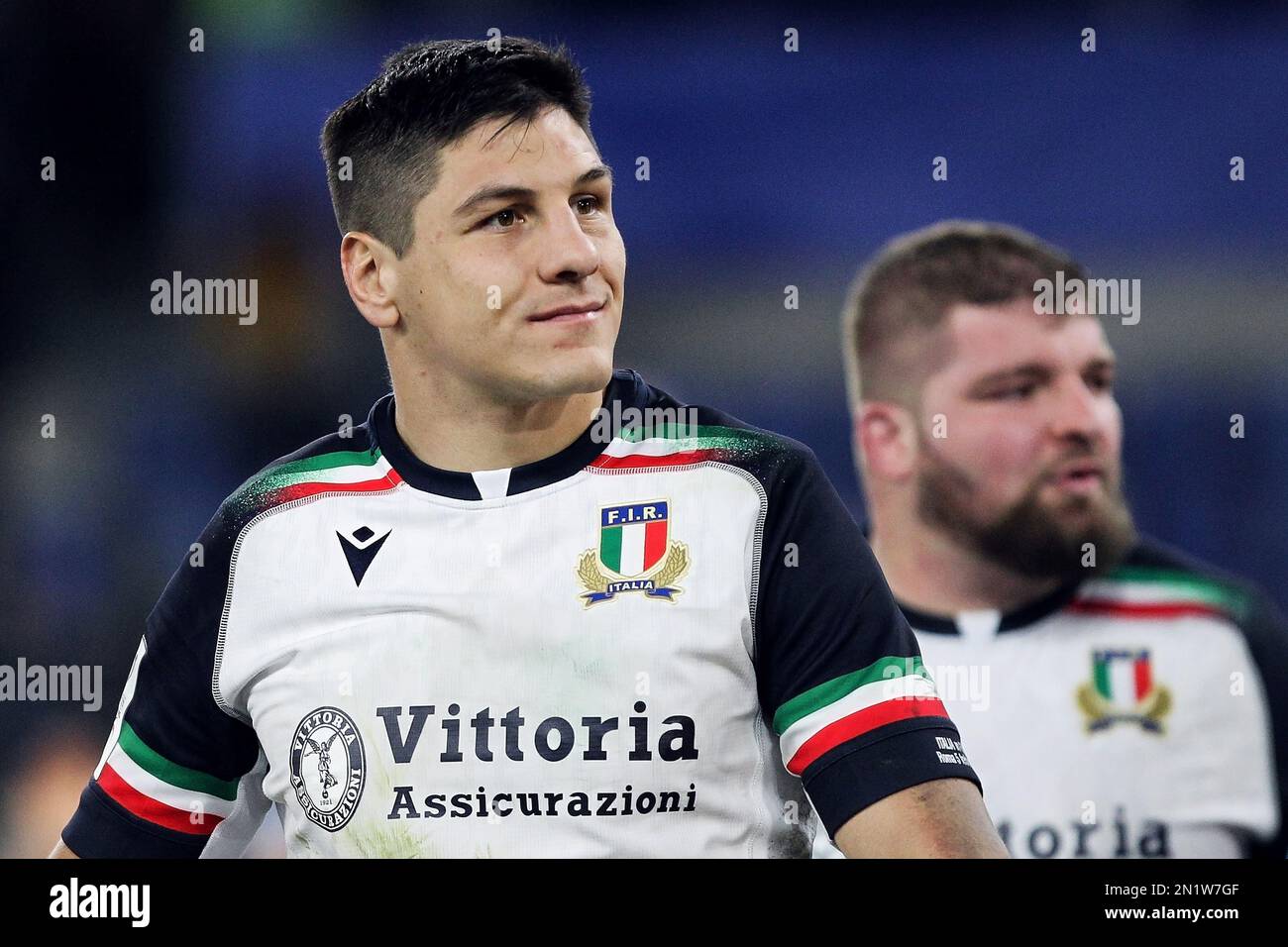 Rome, Italy - February 5, 2023, Juan Ignacio Brex of Italy greets his supporters at the end of the 2023 Six Nations, rugby union match between Italy and France on February 5, 2023 at Stadio Olimpico in Rome, Italy - Photo: Federico Proietti/DPPI/LiveMedia Stock Photo