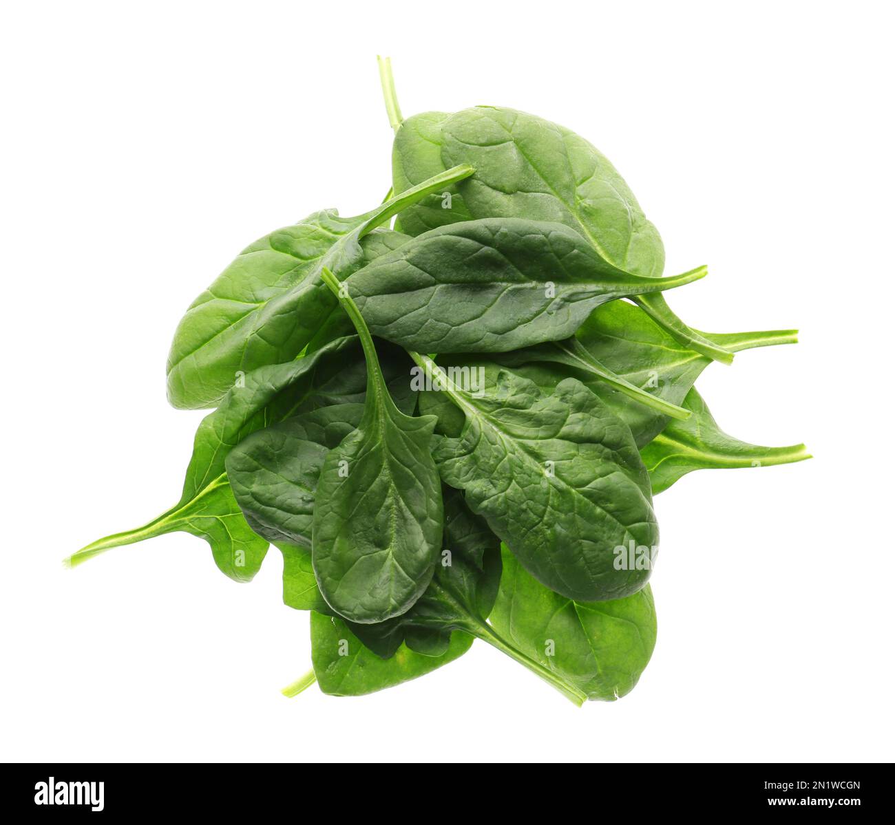 Fresh green healthy spinach leaves isolated on white, top view Stock ...