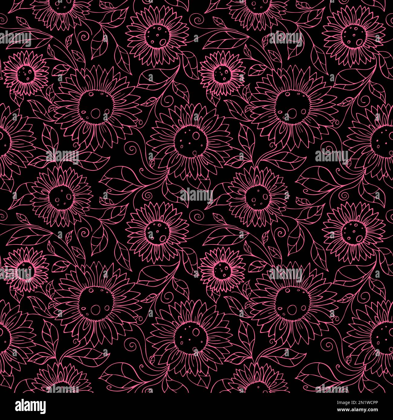 symmetrical seamless pattern of pink flowers on a black background ...