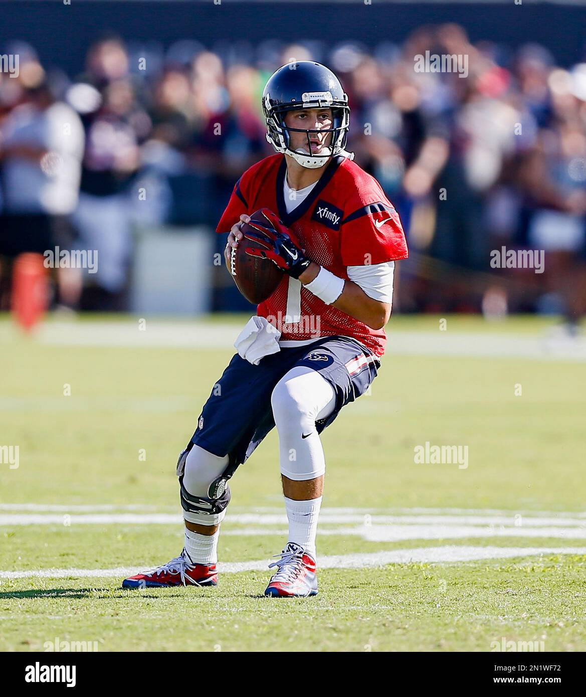 Houston Texans quarterback Brian Hoyer (7) looks to pass downfield during an NFL football training camp at the Methodist Training Center, Saturday, Aug