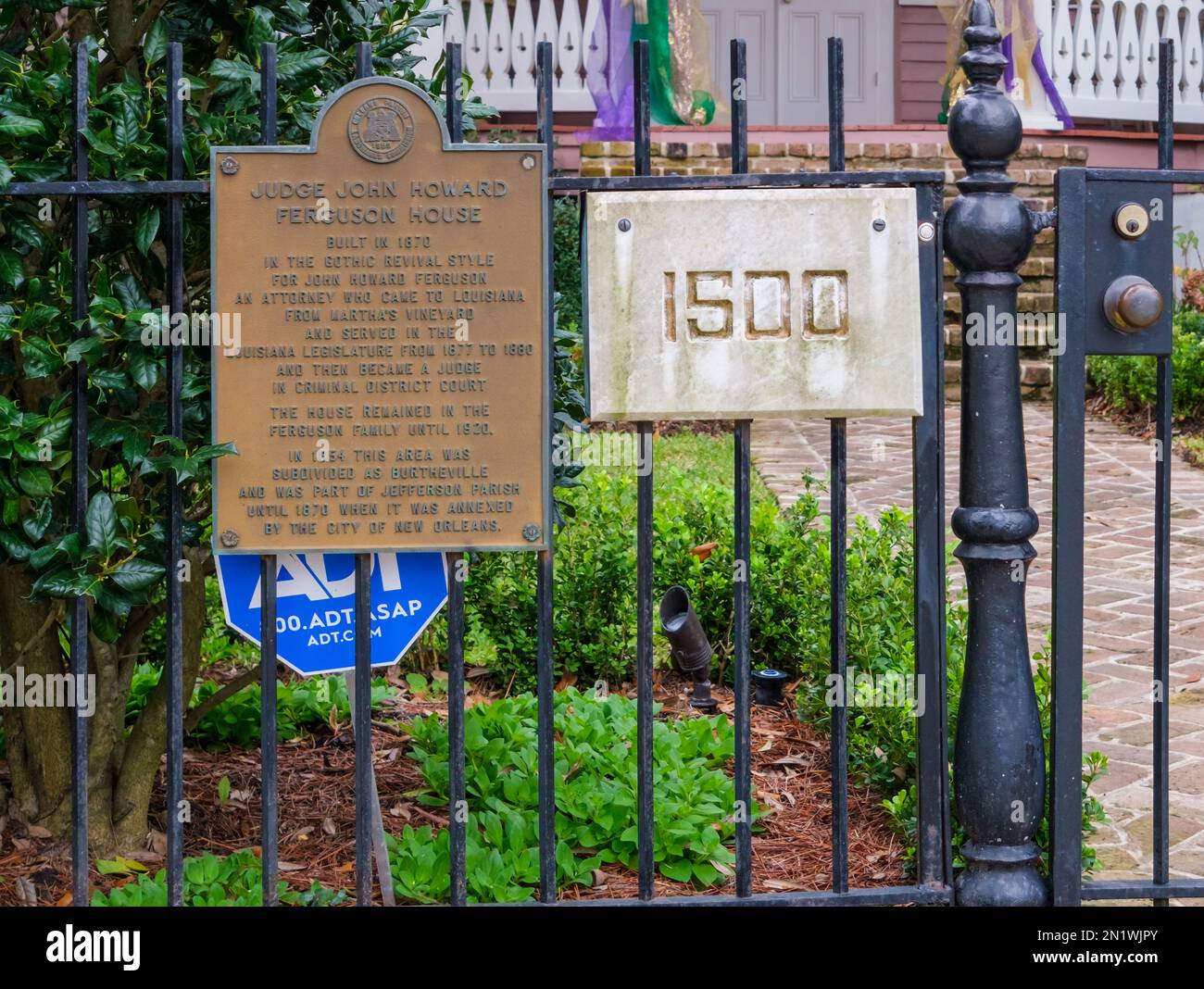 NEW ORLEANS, LA, USA - FEBRUARY 2, 2023: Historic marker and front gate for the home of John Howard Ferguson, the judge in Plessy v. Ferguson Stock Photo