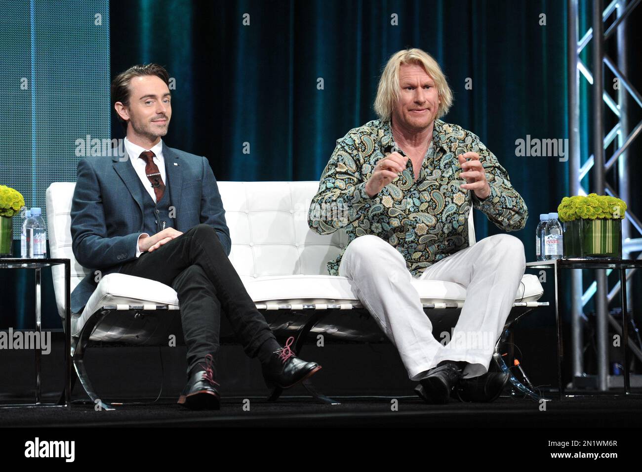 Actors David Dawson, left, and Rune Temte speak onstage during the 