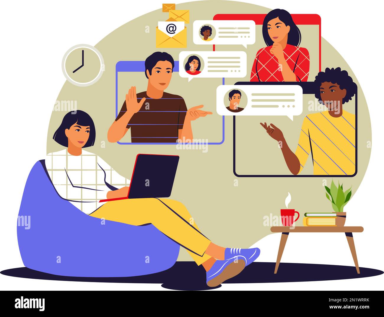 Remote meetings concept. Video conference, remote work concept. Vector illustration. Flat. Stock Vector