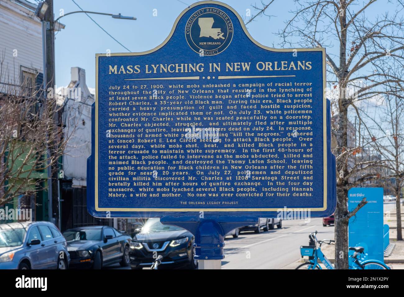 NEW ORLEANS, LA, USA - FEBRUARY 5, 2023: 'Mass Lynching in New Orleans' historic marker on Oretha Castle Haley Boulevard in the Central City neighbor Stock Photo