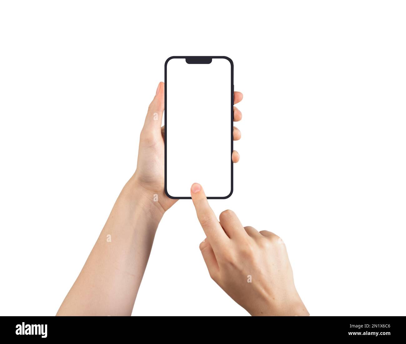 Lodz, Poland February 05 2023 Mobile phone screen mock-up, blank smartphone in hand with finger clicking tapping on display isolated on white backgrou Stock Photo