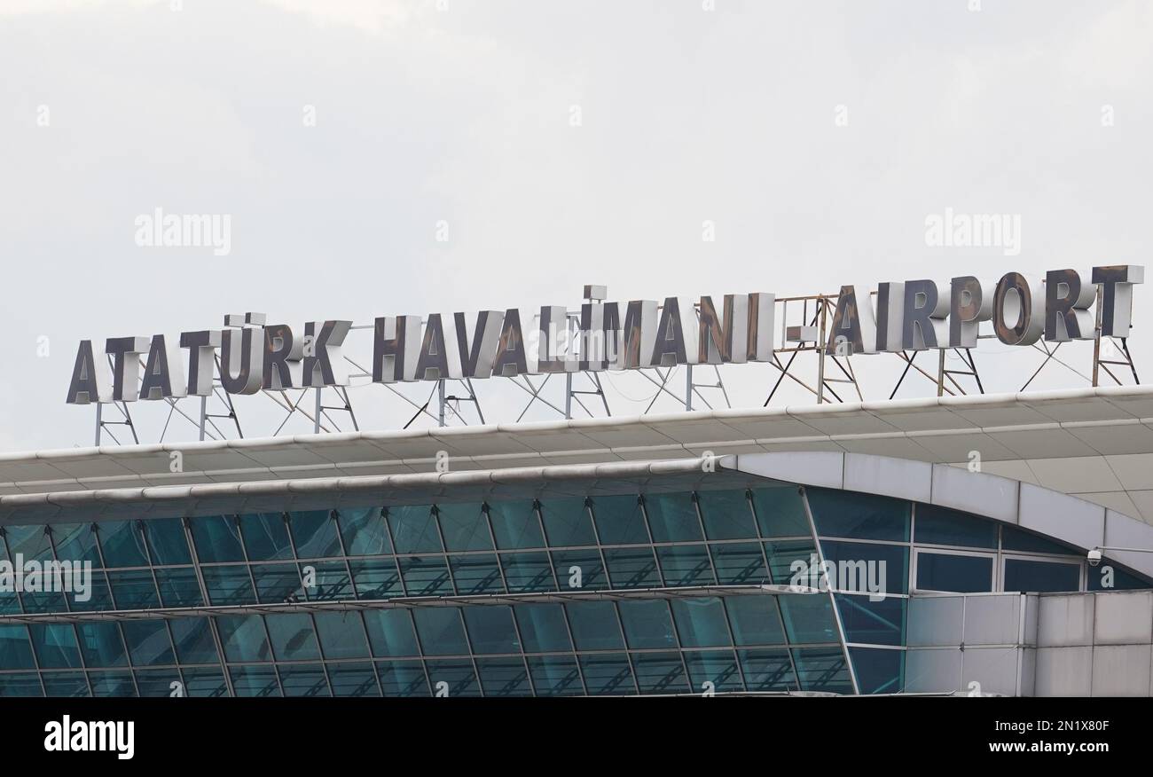Sign of Ataturk Airport in Istanbul City, Turkiye Stock Photo