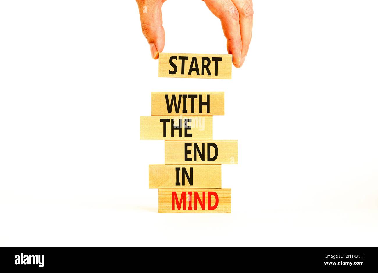Start in end of mind symbol. Concept words Start with the end in mind on wooden blocks. Beautiful white table white background. Businessman hand. Busi Stock Photo