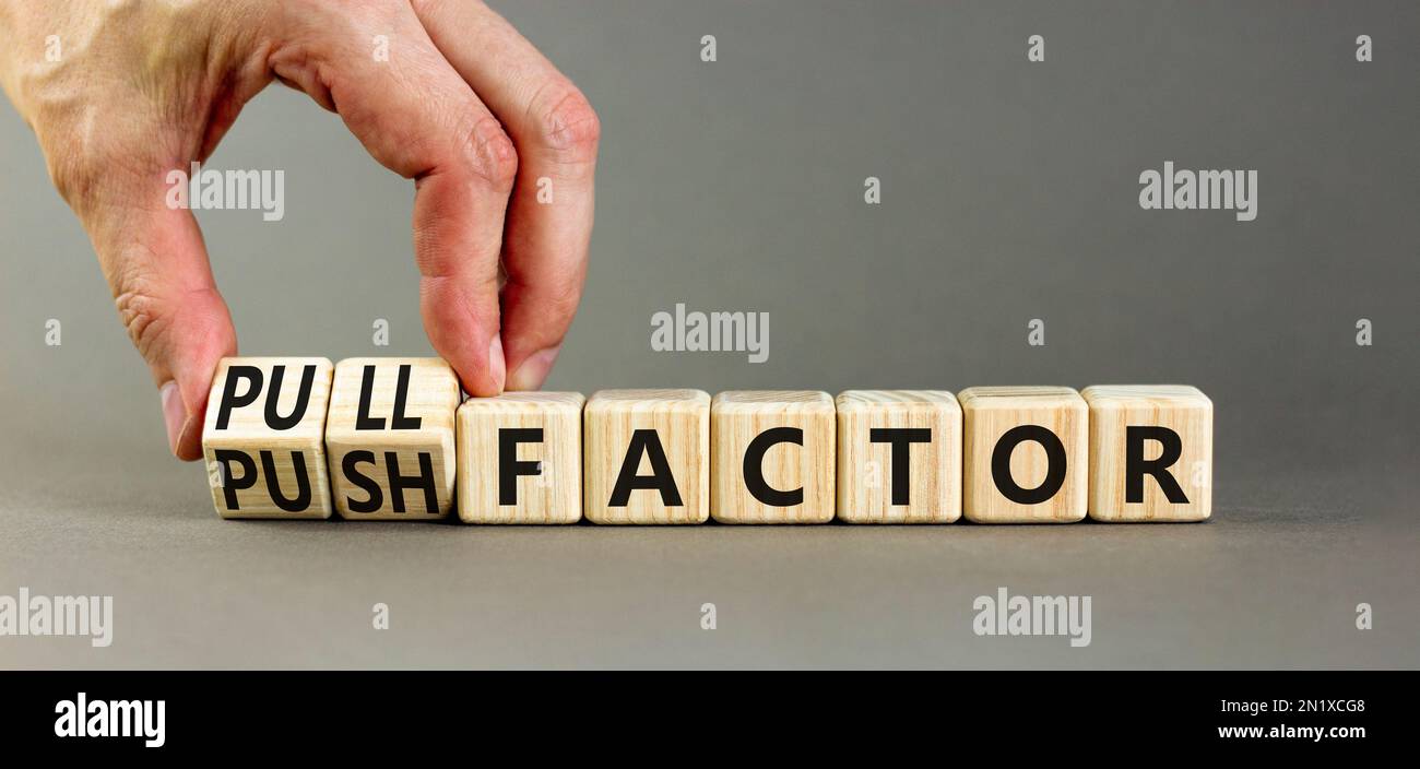 Pull or push factor symbol. Concept word Pull factor and Push factor on
