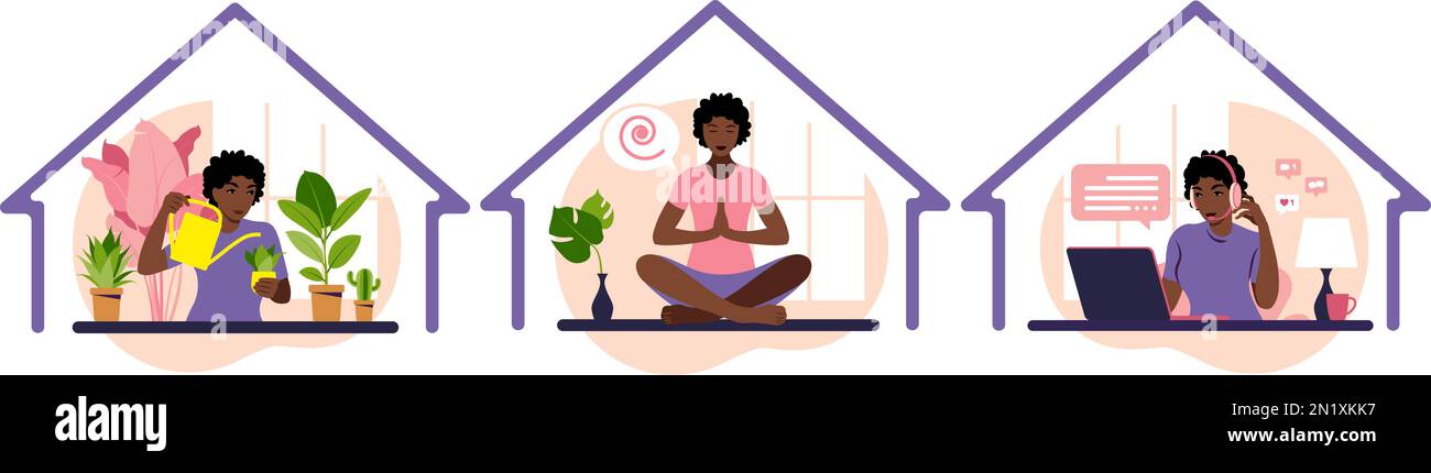 Stay home concept. African girl takes care for houseplants, work at laptop doing yoga and meditation. Self isolation, quarantine due to coronavirus Stock Vector