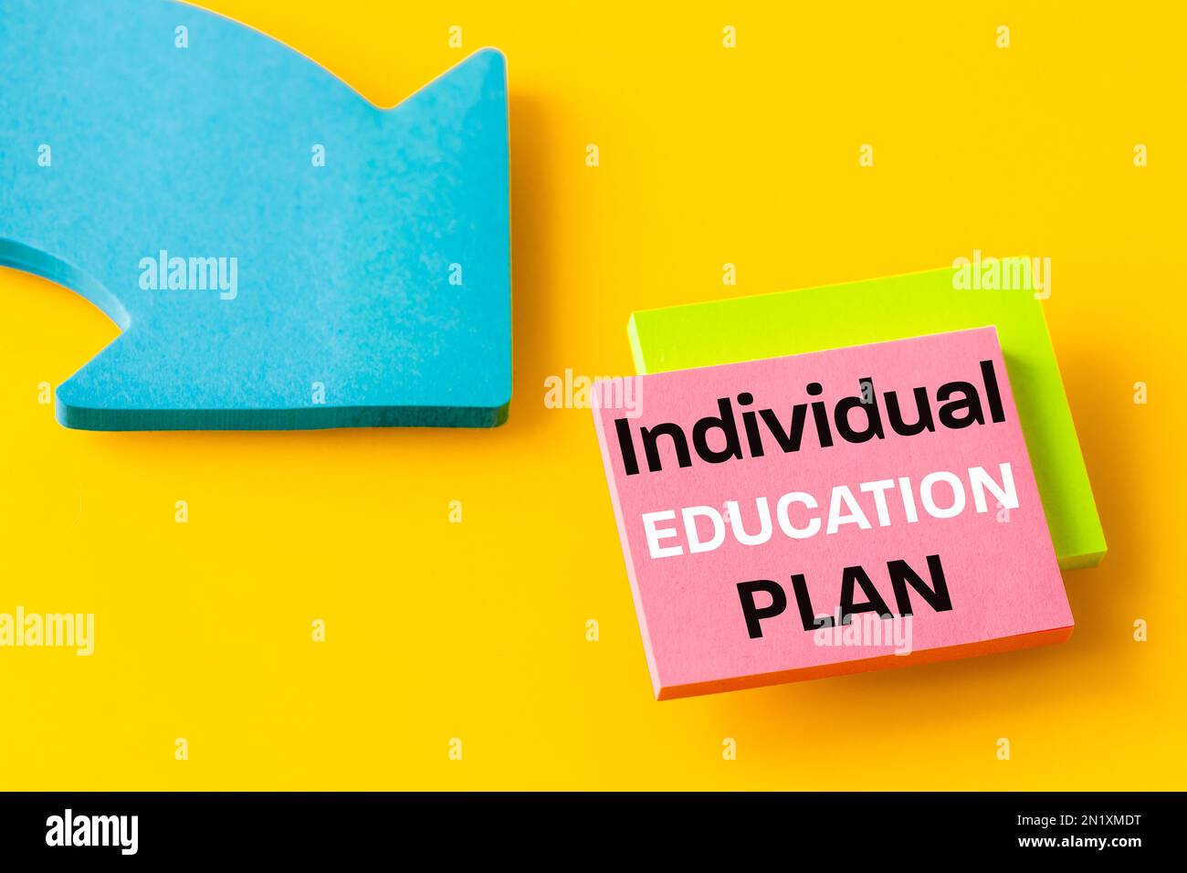 IEP Individual Education Plan symbol. Written on colorful cards, beautiful yellow background, positive bright colors, Pointing arrow, Business IEP Ind Stock Photo