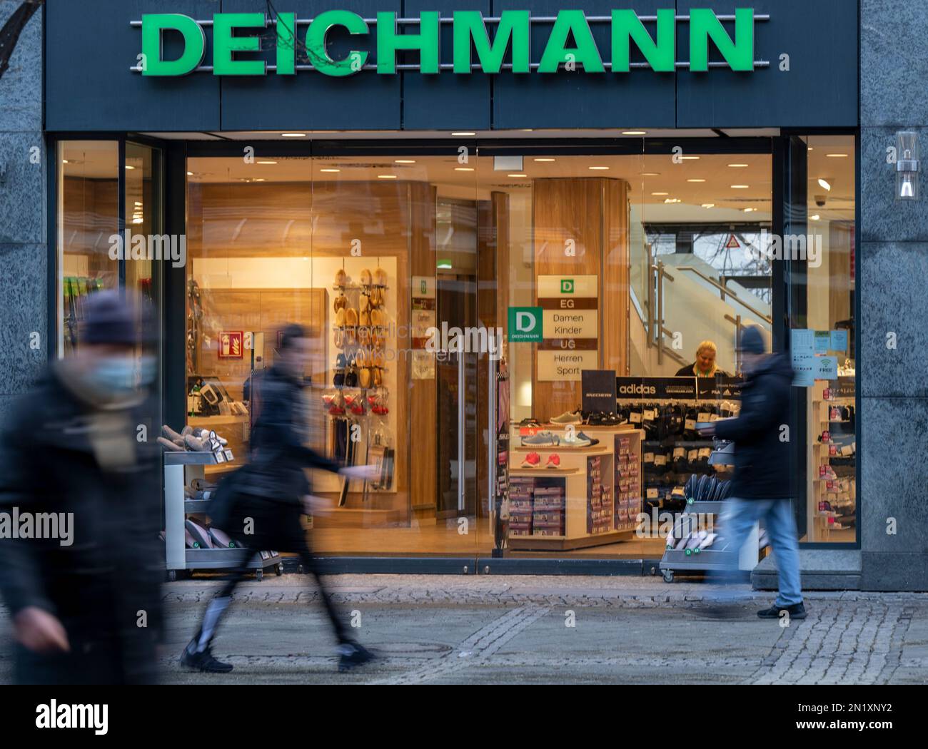 Berlin, Germany. 06th Feb, 2023. The logo of the Deichmann retail chain is  displayed on the facade above the entrance to a Deichmann store. Credit:  Monika Skolimowska/dpa/Alamy Live News Stock Photo -