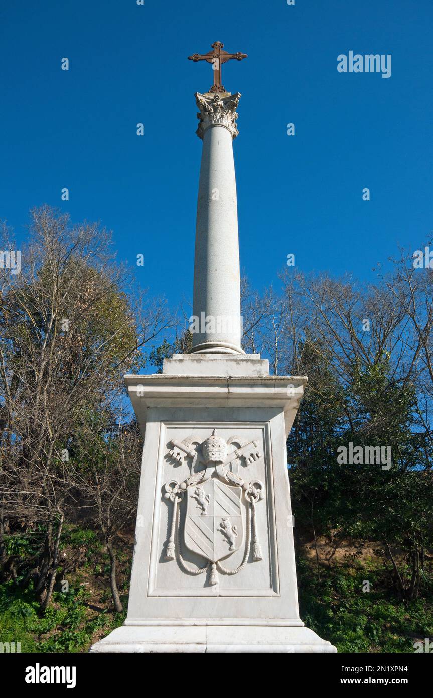 Memorial column (1852) for the works of arrangement of Via Appia carried out by the architect Luigi Canina, Appia Antica Regional Park, Rome, Italy Stock Photo