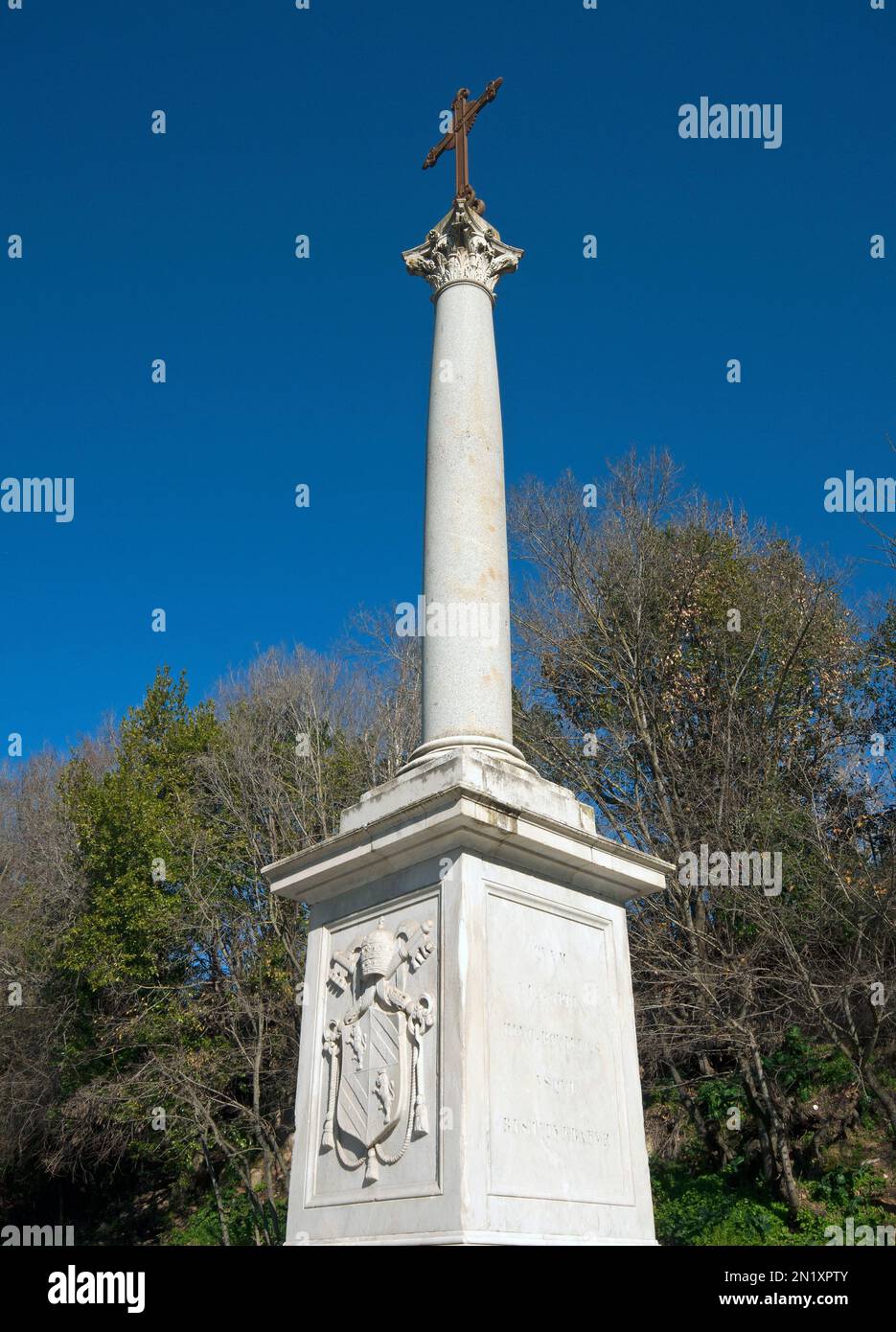 Memorial column (1852) for the works of arrangement of Via Appia carried out by the architect Luigi Canina, Appia Antica Regional Park, Rome, Italy Stock Photo