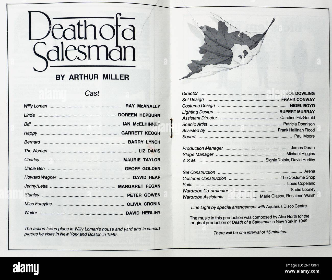 The cast list for the for 1986 production of Arthur Miller’s, Death of a Salesman, starring Ray McAnally in The Gaiety Theatre, Dublin, Ireland. Stock Photo
