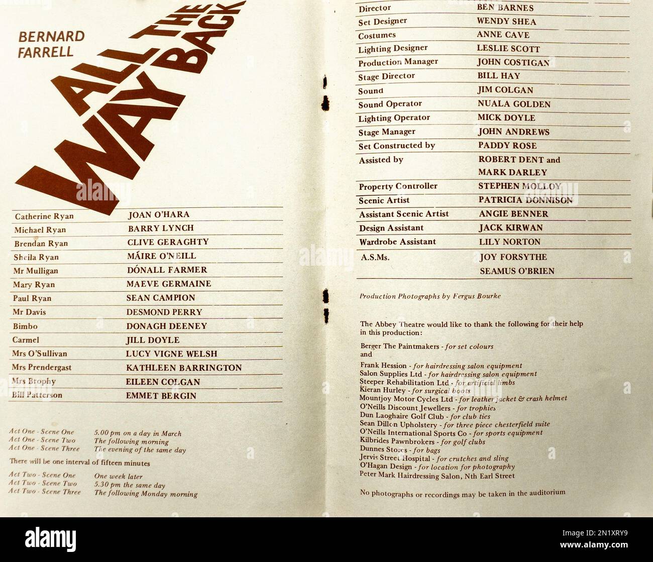 The cast list for the 1985 production of All The way Back, by Bernard Farrell. Director Ben Barnes. The Abbey Theatre, Dublin, Ireland, Stock Photo