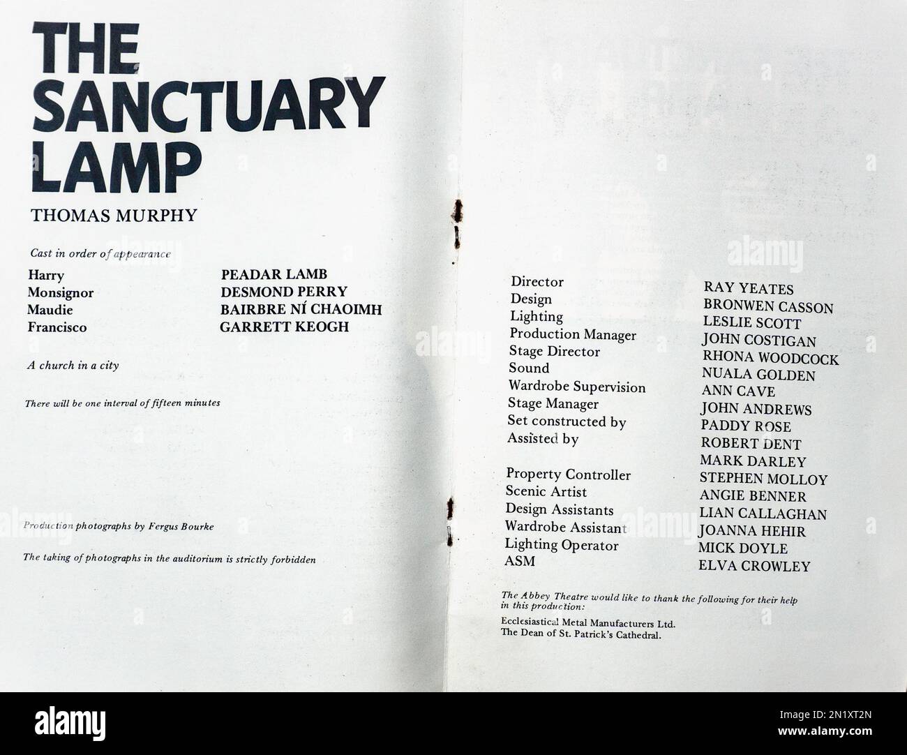 The cast list for the 1985 production of The Sanctuary Lamp by Tom Murphy, in the Abbey Theatre, Dublin, Ireland. Director Ray Yeates. Stock Photo