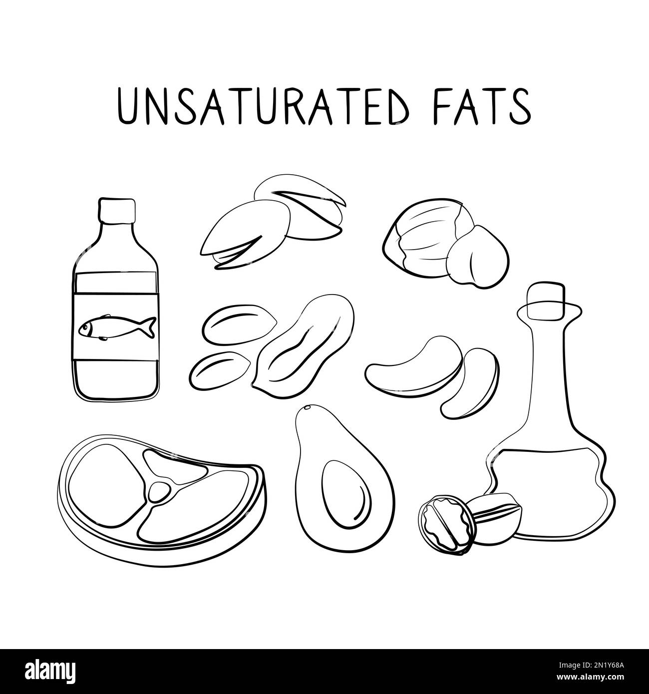 Unsaturated fatty acids-containing food. Groups of healthy products containing vitamins and minerals. Set of fruits, vegetables, meats, fish and dairy Stock Vector