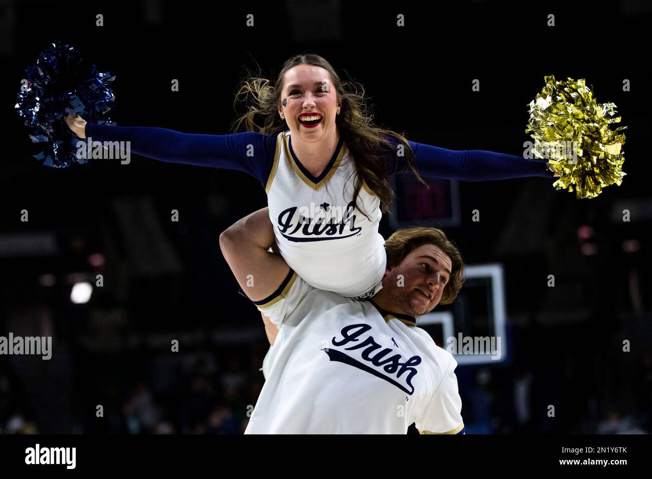 Notre Dame cheerleaders perform during the second half of an NCAA