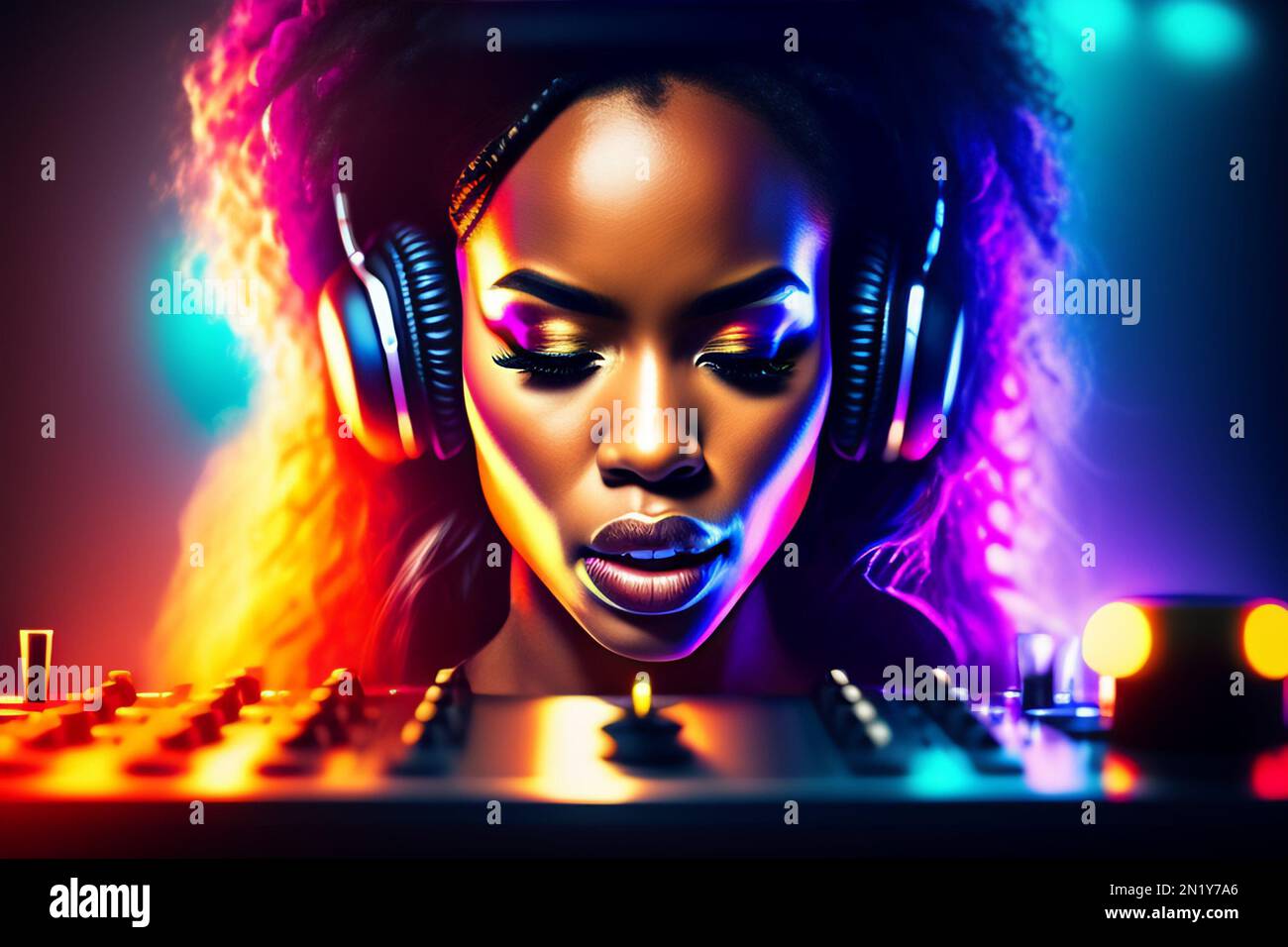 Generative AI abstract painting of beautiful African DJ woman in