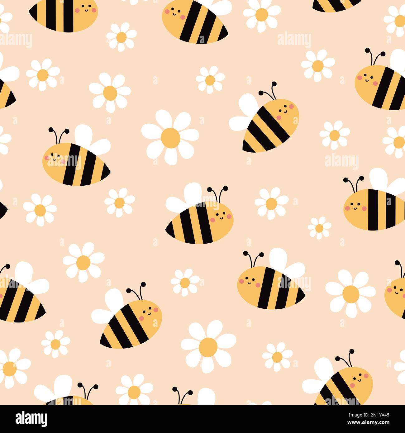 Cute seamless pattern with bees and daisies. Childish texture. Stock Photo